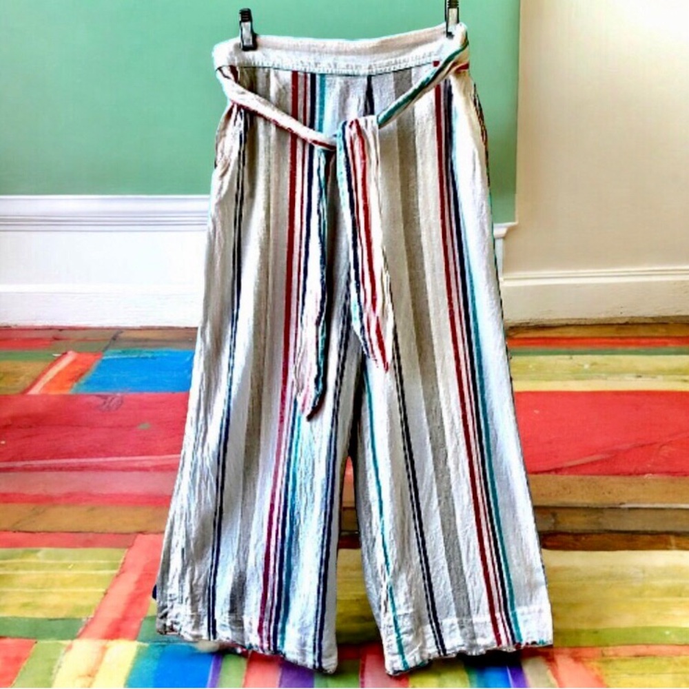 Anthropologie Cloth & Stone Wide Leg Crop Pants Linen Blend Stripes